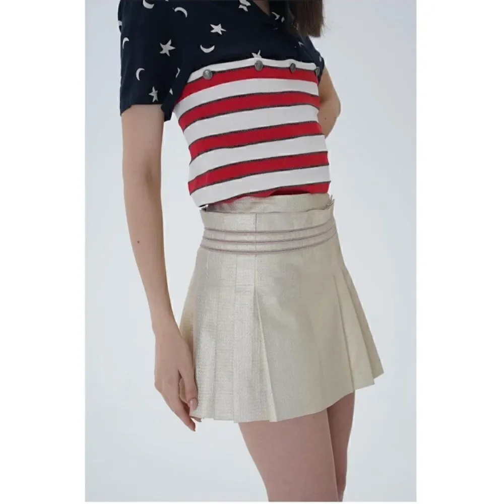Chanel Mini Gold Cream Skirt Lame Pleated Size 2